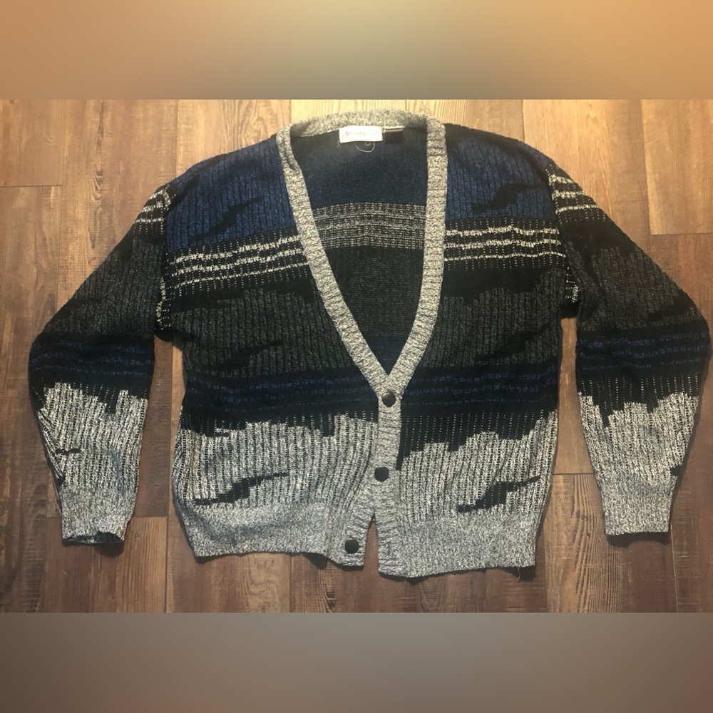 Michael Gerald Button Down Cardigan 100% Acrylic. Blue/Gray. Med. Vintage 80s